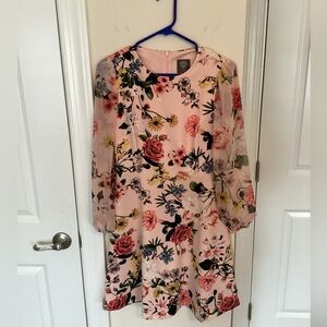 Vince Camuto pink floral midi dress with sheer sleeves, Size 4